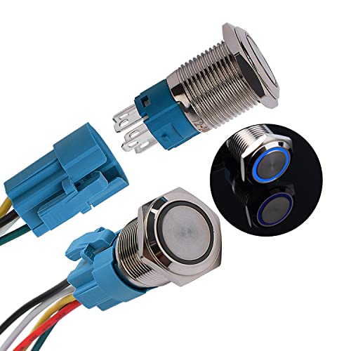 JIQI 2× 16mm Momentane Metall Druckschalter 12V bis 24V 3A Momentary LED Tastenschalter IP66 1NO1NC wasserdichte vorverdrahte EIN/AUS Taste Schalter für Fahrzeugmodifikation Wohnmobil DIY(Blau) von JIQI