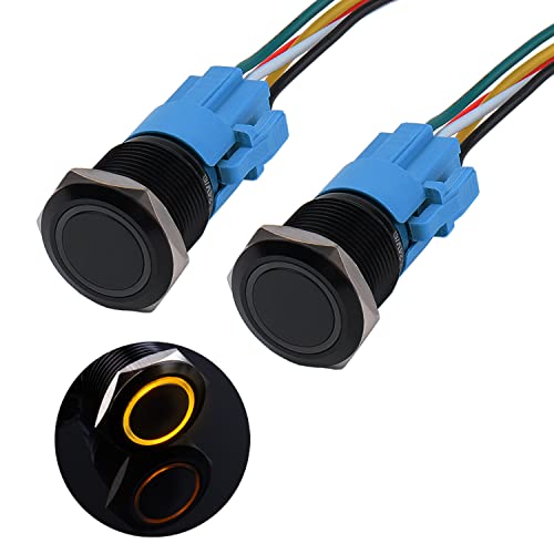 JIQI 2× 19mm Druckschalter 12V bis 24V 3A Wasserdichte Latch Schalter aus Aluminiumlegierung IP66 1NO1NC vorverdrahte rastende schwartze Druckknopf mit LED Licht für Motorrad Boot LKW RV (Gelb) von JIQI