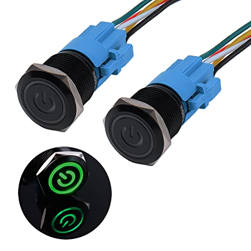 JIQI 2× 19mm Druckschalter 12V bis 24V 3A Wasserdichte Latching Schalter aus Aluminiumlegierung IP66 1NO1NC vorverdrahte schwarze EIN/AUS Schalter mit Power Symbol LED für Motorrad Boot LKW RV (Grün) von JIQI