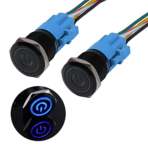 JIQI 2× 19mm Druckschalter 12V bis 24V 3A Wasserdichte Latching Schalter aus Aluminiumlegierung IP66 1NO1NC vorverdrahte schwarze EIN/AUS Schalter mit Power Symbol LED für Motorrad Boot LKW RV (Blau) von JIQI