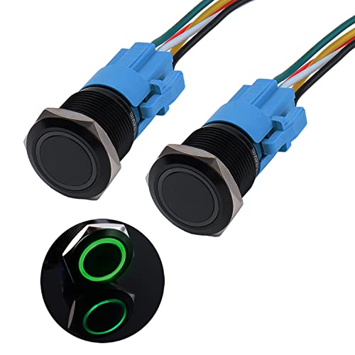 JIQI 2× 19mm Druckschalter 12V bis 24V 3A Wasserdichte Momentary Schalter aus Aluminiumlegierung IP66 1NO1NC vorverdrahte Momentan schwartze Druckknopf mit LED Leuchte für Motorrad Boot LKW RV (Grün) von JIQI