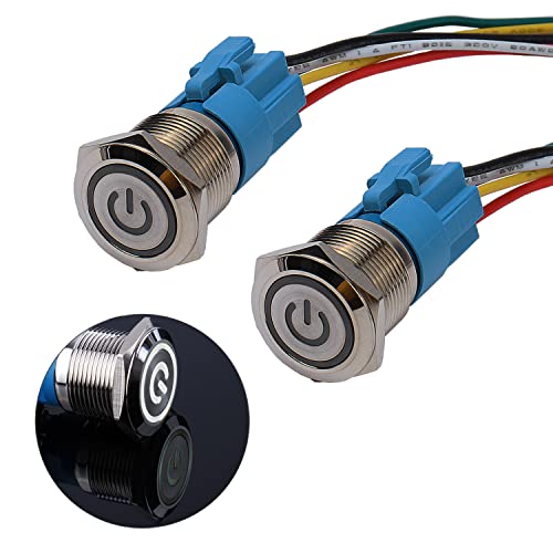 JIQI 2× 19mm Momentane Metall Druckschalter 12V bis 24V 3A Momentary Push Button Switch mit Weiß LED-Leuchte IP66 1NO1NC Tastend wasserdicht vorverkabelt Drucktaster für Boot LKW RV Auto(Power Symbol) von JIQI