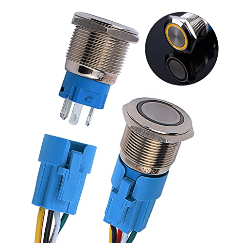 JIQI 2× 19mm Momentane Metall Druckschalter 12V bis 24V 3A Momentary Push Button Switch mit gelber LED-Leuchte IP66 1NO1NC Tastende wasserdichte vorverkabelte Drucktaster für Boot LKW RV Auto(Gelb) von JIQI