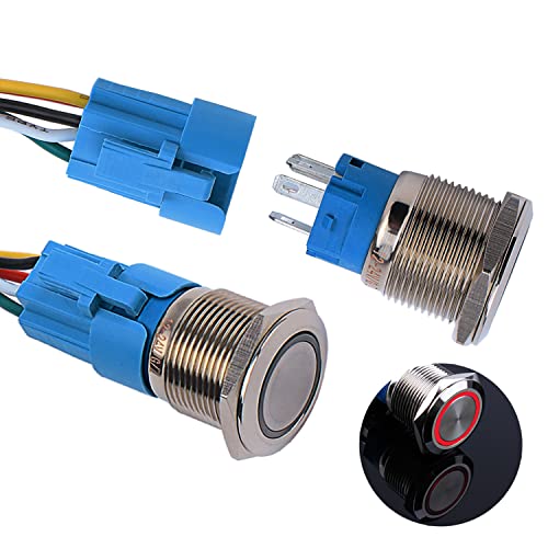 JIQI 2× 19mm Momentane Metall Druckschalter 12V bis 24V 3A Momentary Push Button Switch mit roter LED-Leuchte IP66 1NO1NC Tastende wasserdichte vorverkabelte Drucktaster für Boot LKW RV Auto（Rot) von JIQI