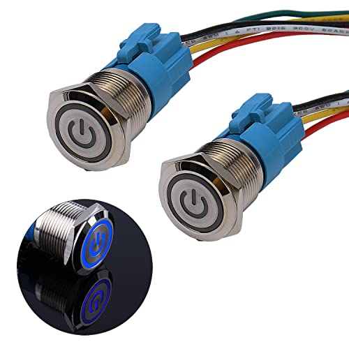 JIQI 2× 19mm Selbstsperrend Metall Druckschalter 12V bis 24V 3A Latching EIN/AUS Schalter mit blauem LED Symbol IP66 1NO1NC Rastende wasserdichte vorverdrahte Drucktastenschalter für Boot LKW RV Auto von JIQI
