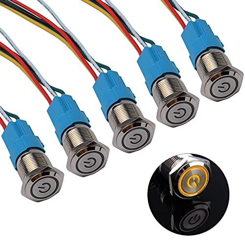 JIQI 5× 16mm Latching Druckschalter Metall 12V bis 24V 3A einrastend EIN/AUS Schalter mit gelbem LED Symbol IP66 1NO1NC Selbstsichernde wasserdichte vorverdrahte Druckknopf Taster für Boot LKW RV Auto von JIQI