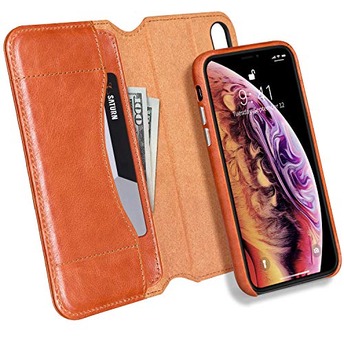 JISONCASE /XS Folio-Schutzhülle aus echtem Leder, 2-in-1, abnehmbare magnetische mit Geldfach, Kartenhalter und kabellosem Aufladen, abnehmbare Klapphülle für Apple iPhone X und XS, braun von JISONCASE