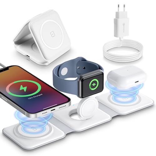 Faltbar Mag-Safe ladegerät,Magnetische Ladestatio Wireless Charger für Apple Watch,Induktive ladestation für iPhone 15 14 13 12 Pro Max Plus,iWatch&AirPods Pro/2/3 mit Adapter (Black) von JIUGGLAD