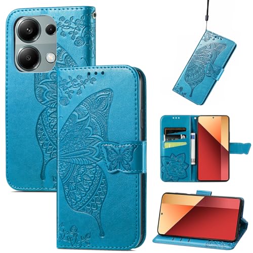 JIUNINE Handyhülle für Redmi Note 14s, Stoßfeste Klapphülle mit Schmetterlingsdesign, Kartenfächer & Standfunktion, Premium PU-Leder Hülle Schutzhülle Klapphülle Handytasche, Blau von JIUNINE