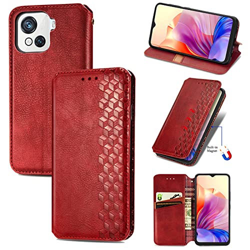 JIUNINE Handytasche für Blackview OSCAL C80 Hülle, Premium Leder Flip Case mit 3D Raute Pattern [Kartenfach] [Magnetische Adsorption] klappbar Schutzhülle für Blackview OSCAL C80, Rot von JIUNINE