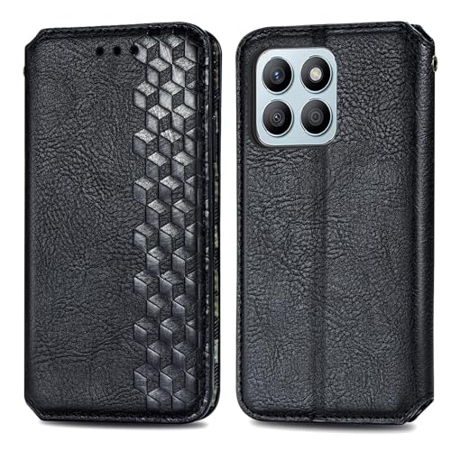 JIUNINE Handytasche für Honor X8C Hülle, Premium Leder Flip Case mit 3D Raute Pattern [Kartenfach] [Magnetische Adsorption] klappbar Schutzhülle für Honor X8C, Schwarz von JIUNINE