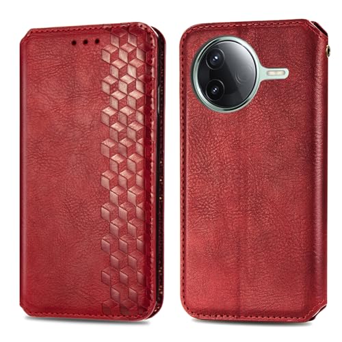 JIUNINE Handytasche für Xiaomi Poco F7 Pro Hülle, Premium Leder Flip Case mit 3D Raute Pattern [Kartenfach] [Magnetische Adsorption] klappbar Schutzhülle für Xiaomi Poco F7 Pro, Rot von JIUNINE