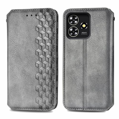 JIUNINE Handytasche für ZTE Blade A73 4G Hülle, Premium Leder Flip Case mit 3D Raute Pattern [Kartenfach] [Magnetische Adsorption] klappbar Schutzhülle für ZTE Blade A73 4G, Grau von JIUNINE