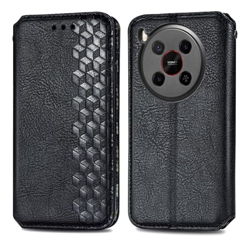 JIUNINE Handytasche für ZTE Blade V70 Max Hülle, Premium Leder Flip Case mit 3D Raute Pattern [Kartenfach] [Magnetische Adsorption] klappbar Schutzhülle für ZTE Blade V70 Max, Schwarz von JIUNINE