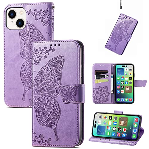 JIUNINE Hülle für Apple iPhone 14, Handyhülle Leder Flip Case mit Schmetterling Muster [Kartenfach] [Magnetverschluss] Schutzhülle Tasche Cover Lederhülle für Apple iPhone 14, Lila von JIUNINE