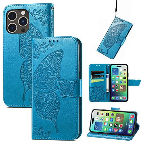 JIUNINE Hülle für Apple iPhone 14 Pro, Handyhülle Leder Flip Case mit Schmetterling Muster [Kartenfach] [Magnetverschluss] Schutzhülle Tasche Cover Lederhülle für Apple iPhone 14 Pro, Blau von JIUNINE