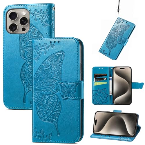 JIUNINE Hülle für Apple iPhone 16 Pro, Handyhülle mit Schmetterling Muster [Kartenfächer] [Standfunktion] [Premium PU Leder] Stoßfeste Schutzhülle Klapphülle Handytasche Lederhülle, Blau von JIUNINE