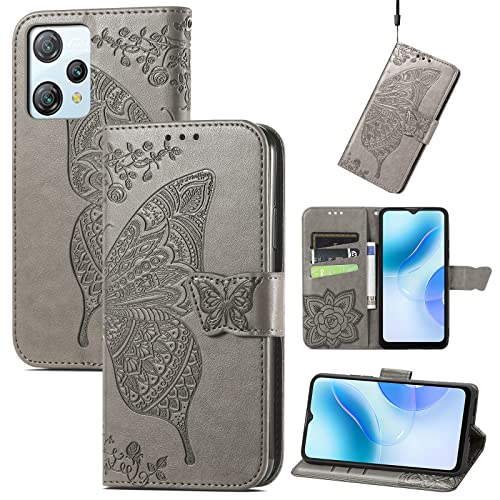 JIUNINE Hülle für Blackview A53 / A53 Pro, Handyhülle Leder Flip Case mit Schmetterling Muster [Kartenfach] [Magnetverschluss] Schutzhülle Tasche Cover Lederhülle für Blackview A53 Pro, Grau von JIUNINE