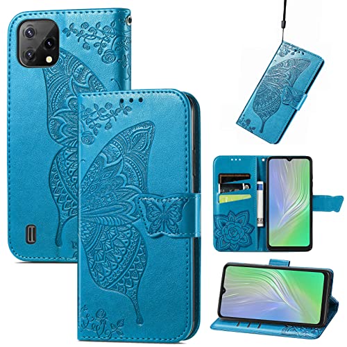 JIUNINE Hülle für Blackview A55 / OSCAL C60, Handyhülle Leder Flip Case mit Schmetterling Muster [Kartenfach] [Magnetverschluss] Schutzhülle Tasche Cover Lederhülle für OSCAL C60, Blau von JIUNINE