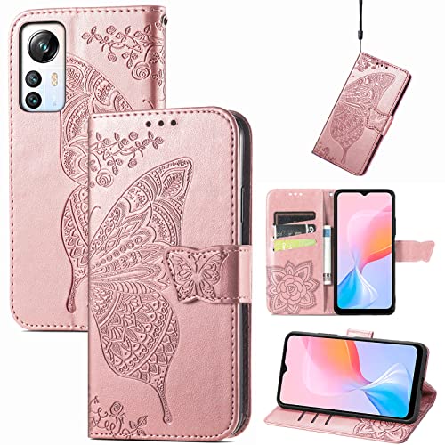 JIUNINE Hülle für Blackview A85, Handyhülle Leder Flip Case mit Schmetterling Muster [Kartenfach] [Magnetverschluss] Schutzhülle Tasche Cover Lederhülle für Blackview A85, Roségold von JIUNINE