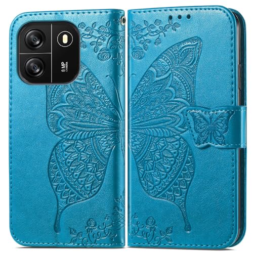 JIUNINE Hülle für Blackview Wave 6C, Handyhülle mit Schmetterling Muster [Kartenfächer] [Standfunktion] [Premium PU Leder] Stoßfeste Schutzhülle Klapphülle Handytasche Lederhülle, Blau von JIUNINE