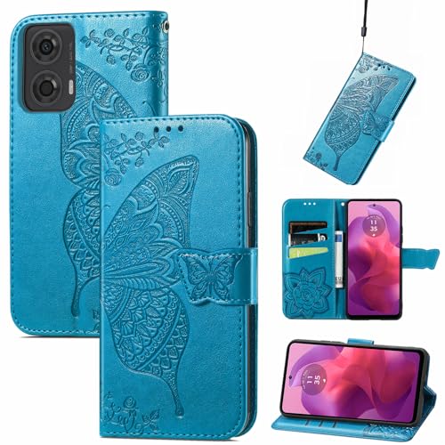 JIUNINE Hülle für Motorola G24 / G04 / G04S / Moto E14, Handyhülle mit Schmetterling Muster [Kartenfächer] [Standfunktion] [Premium PU Leder] Stoßfeste Schutzhülle Klapphülle Handytasche, Blau von JIUNINE