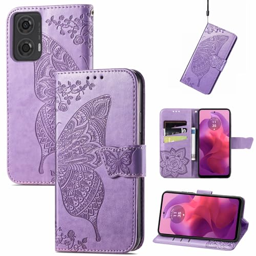 JIUNINE Hülle für Motorola G24 / G04 / G04S / Moto E14, Handyhülle mit Schmetterling Muster [Kartenfächer] [Standfunktion] [Premium PU Leder] Stoßfeste Schutzhülle Klapphülle Handytasche, Lila von JIUNINE