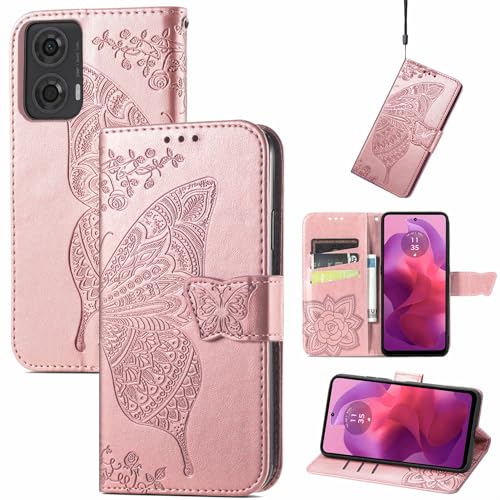JIUNINE Hülle für Motorola G24 / G04 / G04S / Moto E14, Handyhülle mit Schmetterling Muster [Kartenfächer] [Standfunktion] [Premium PU Leder] Stoßfeste Schutzhülle Klapphülle Handytasche, Roségold von JIUNINE