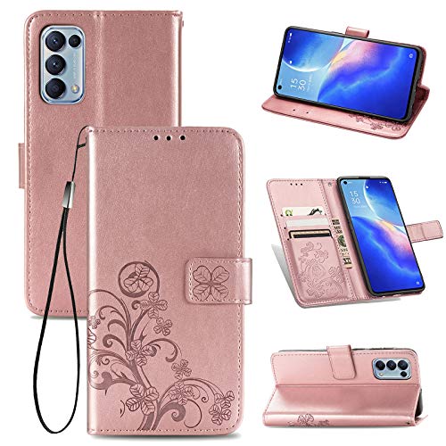 JIUNINE Hülle für Oppo Find X3 Lite 5G, Handyhülle Leder Flip Case mit Glücksklee Muster [Kartenfach] [Magnetverschluss] Schutzhülle Tasche Cover Lederhülle für Oppo Find X3 Lite 5G, Roségold von JIUNINE