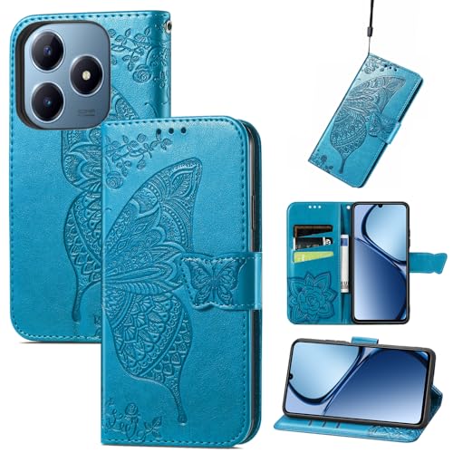 JIUNINE Hülle für Realme C63 / Realme C61, Handyhülle mit Schmetterling Muster [Kartenfächer] [Standfunktion] [Premium PU Leder] Stoßfeste Schutzhülle Klapphülle Handytasche Lederhülle, Blau von JIUNINE