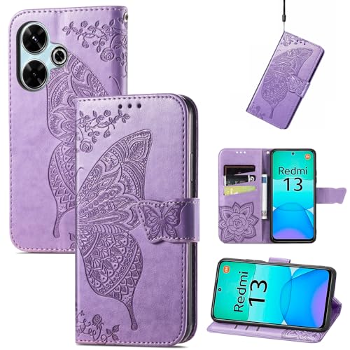 JIUNINE Hülle für Redmi 13 4G / Poco M6 4G, Handyhülle mit Schmetterling Muster [Kartenfächer] [Standfunktion] [Premium PU Leder] Stoßfeste Schutzhülle Klapphülle Handytasche Lederhülle, Lila von JIUNINE