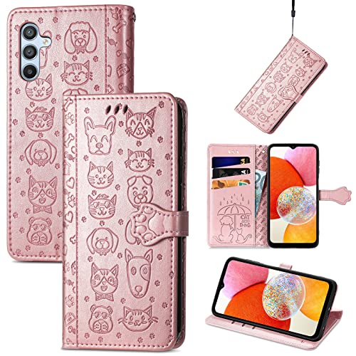 JIUNINE Hülle für Samsung Galaxy A14 4G / A14 5G, Karikatur Handyhülle PU Leder Flip Case mit [Kartenfach] [Magnetverschluss] Schutzhülle Tasche Cover Lederhülle für Samsung Galaxy A14, Roségold von JIUNINE