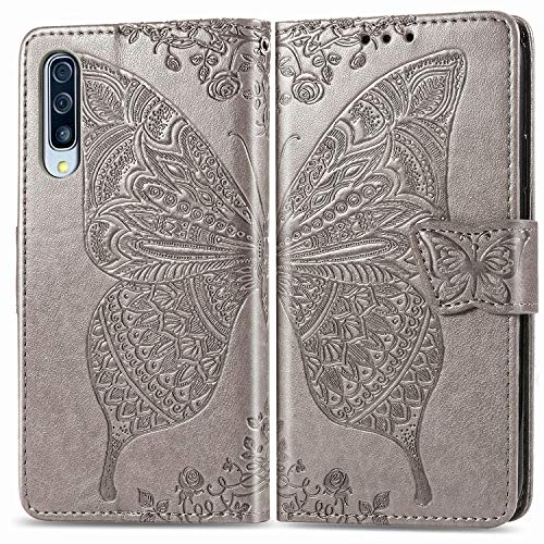 JIUNINE Hülle für Samsung Galaxy A30s / A50, Handyhülle Leder Flip Case mit Schmetterling Muster [Kartenfach] [Magnetverschluss] Schutzhülle Tasche Cover Lederhülle für Samsung A30s, Grau von JIUNINE