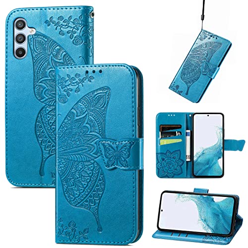 JIUNINE Hülle für Samsung Galaxy A54 5G, Handyhülle Leder Flip Case mit Schmetterling Muster [Kartenfach] [Magnetverschluss] Schutzhülle Tasche Cover Lederhülle für Samsung A54 5G, Blau von JIUNINE