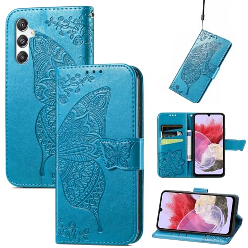 JIUNINE Hülle für Samsung Galaxy M34 5G, Handyhülle Leder Flip Case mit Schmetterling Muster [Kartenfach] [Magnetverschluss] Schutzhülle Tasche Cover Lederhülle für Samsung M34 5G, Blau von JIUNINE