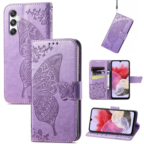 JIUNINE Hülle für Samsung Galaxy M34 5G, Handyhülle Leder Flip Case mit Schmetterling Muster [Kartenfach] [Magnetverschluss] Schutzhülle Tasche Cover Lederhülle für Samsung M34 5G, Lila von JIUNINE