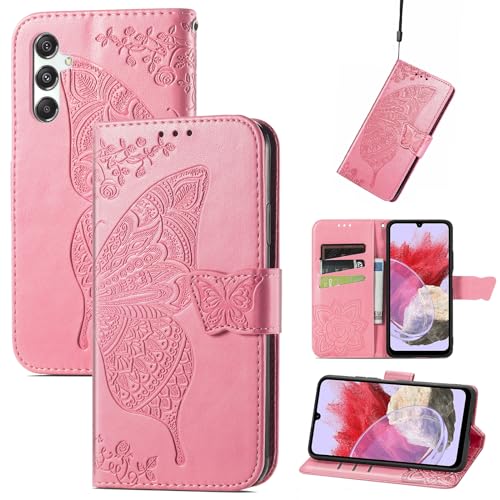 JIUNINE Hülle für Samsung Galaxy M34 5G, Handyhülle Leder Flip Case mit Schmetterling Muster [Kartenfach] [Magnetverschluss] Schutzhülle Tasche Cover Lederhülle für Samsung M34 5G, Rosa von JIUNINE