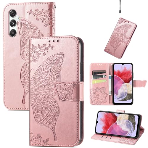 JIUNINE Hülle für Samsung Galaxy M34 5G, Handyhülle Leder Flip Case mit Schmetterling Muster [Kartenfach] [Magnetverschluss] Schutzhülle Tasche Cover Lederhülle für Samsung M34 5G, Roségold von JIUNINE