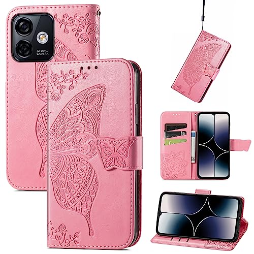 JIUNINE Hülle für Ulefone Note 16 Pro, Handyhülle Leder Flip Case mit Schmetterling Muster [Kartenfach] [Magnetverschluss] Schutzhülle Tasche Cover Lederhülle für Ulefone Note 16 Pro, Rosa von JIUNINE