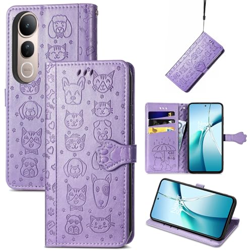 JIUNINE Hülle für Vivo V50 Lite 4G / 5G, Karikatur Handyhülle PU Leder Flip Case mit [Kartenfach] [Magnetverschluss] Schutzhülle Tasche Cover Lederhülle für Vivo V50 Lite 4G / 5G, Lila von JIUNINE