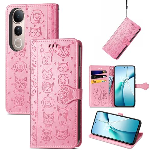 JIUNINE Hülle für Vivo V50 Lite 4G / 5G, Karikatur Handyhülle PU Leder Flip Case mit [Kartenfach] [Magnetverschluss] Schutzhülle Tasche Cover Lederhülle für Vivo V50 Lite 4G / 5G, Rosa von JIUNINE