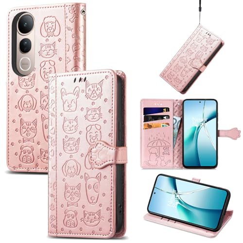 JIUNINE Hülle für Vivo V50 Lite 4G / 5G, Karikatur Handyhülle PU Leder Flip Case mit [Kartenfach] [Magnetverschluss] Schutzhülle Tasche Cover Lederhülle für Vivo V50 Lite 4G / 5G, Roségold von JIUNINE