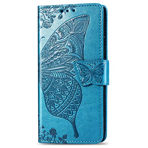 JIUNINE Hülle für Xiaomi Mi A3, Handyhülle Leder Flip Case mit Schmetterling Muster [Kartenfach] [Magnetverschluss] Schutzhülle Tasche Cover Lederhülle für Xiaomi Mi A3, Blau von JIUNINE