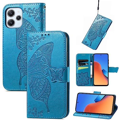 JIUNINE Hülle für Xiaomi Redmi 12, Handyhülle Leder Flip Case mit Schmetterling Muster [Kartenfach] [Magnetverschluss] Schutzhülle Tasche Cover Lederhülle für Xiaomi Redmi 12, Blau von JIUNINE
