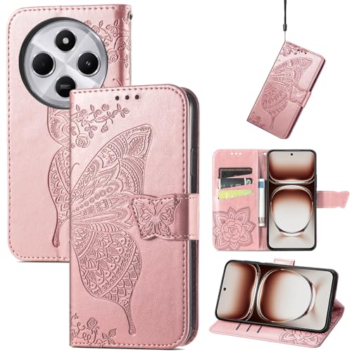 JIUNINE Hülle für Xiaomi Redmi 14C / Poco C75, Handyhülle mit Schmetterling Muster [Kartenfächer] [Standfunktion] [Premium PU Leder] Stoßfeste Klapphülle Handytasche Lederhülle, Roségold von JIUNINE
