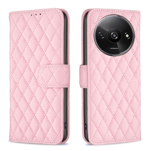 JIUNINE Hülle für Xiaomi Redmi A3, Handyhülle Leder Flip Case mit Rhombenmuster [Kartenfach] [Magnetverschluss] Schutzhülle Tasche Cover Lederhülle für Xiaomi Redmi A3, Rosa von JIUNINE