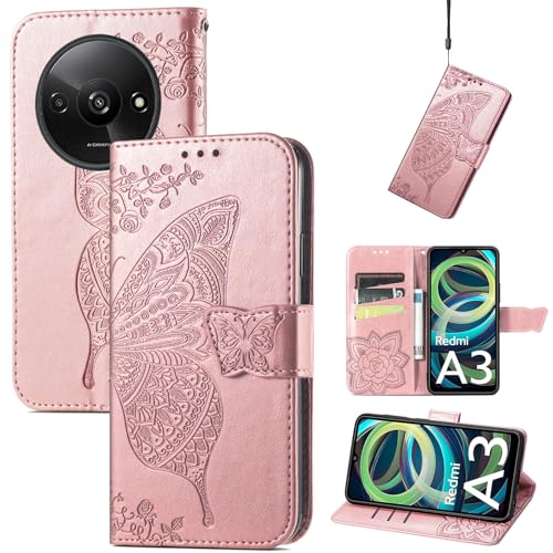 JIUNINE Hülle für Xiaomi Redmi A3, Handyhülle Leder Flip Case mit Schmetterling Muster [Kartenfach] [Magnetverschluss] Schutzhülle Tasche Cover Lederhülle für Xiaomi Redmi A3, Roségold von JIUNINE