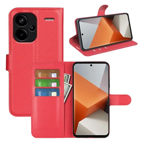 JIUNINE Hülle für Xiaomi Redmi Note 13 Pro+ 5G, Handyhülle PU Leder Flip Case Stoßfeste Tasche mit Kartenfach, Magnetschnalle, Silikon Bumper Klapphülle für Redmi Note 13 Pro Plus 5G, Rot von JIUNINE