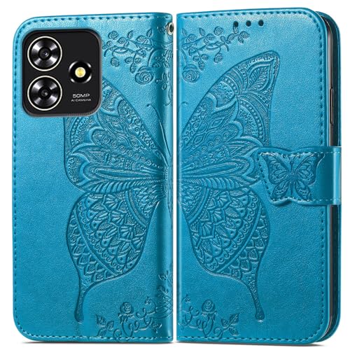 JIUNINE Hülle für ZTE Blade A73 4G, Handyhülle Leder Flip Case mit Schmetterling Muster [Kartenfach] [Magnetverschluss] Schutzhülle Tasche Cover Lederhülle für ZTE Blade A73 4G, Blau von JIUNINE