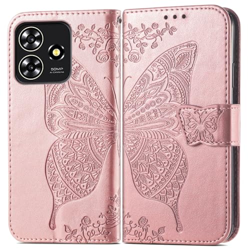 JIUNINE Hülle für ZTE Blade A73 4G, Handyhülle Leder Flip Case mit Schmetterling Muster [Kartenfach] [Magnetverschluss] Schutzhülle Tasche Cover Lederhülle für ZTE Blade A73 4G, Roségold von JIUNINE